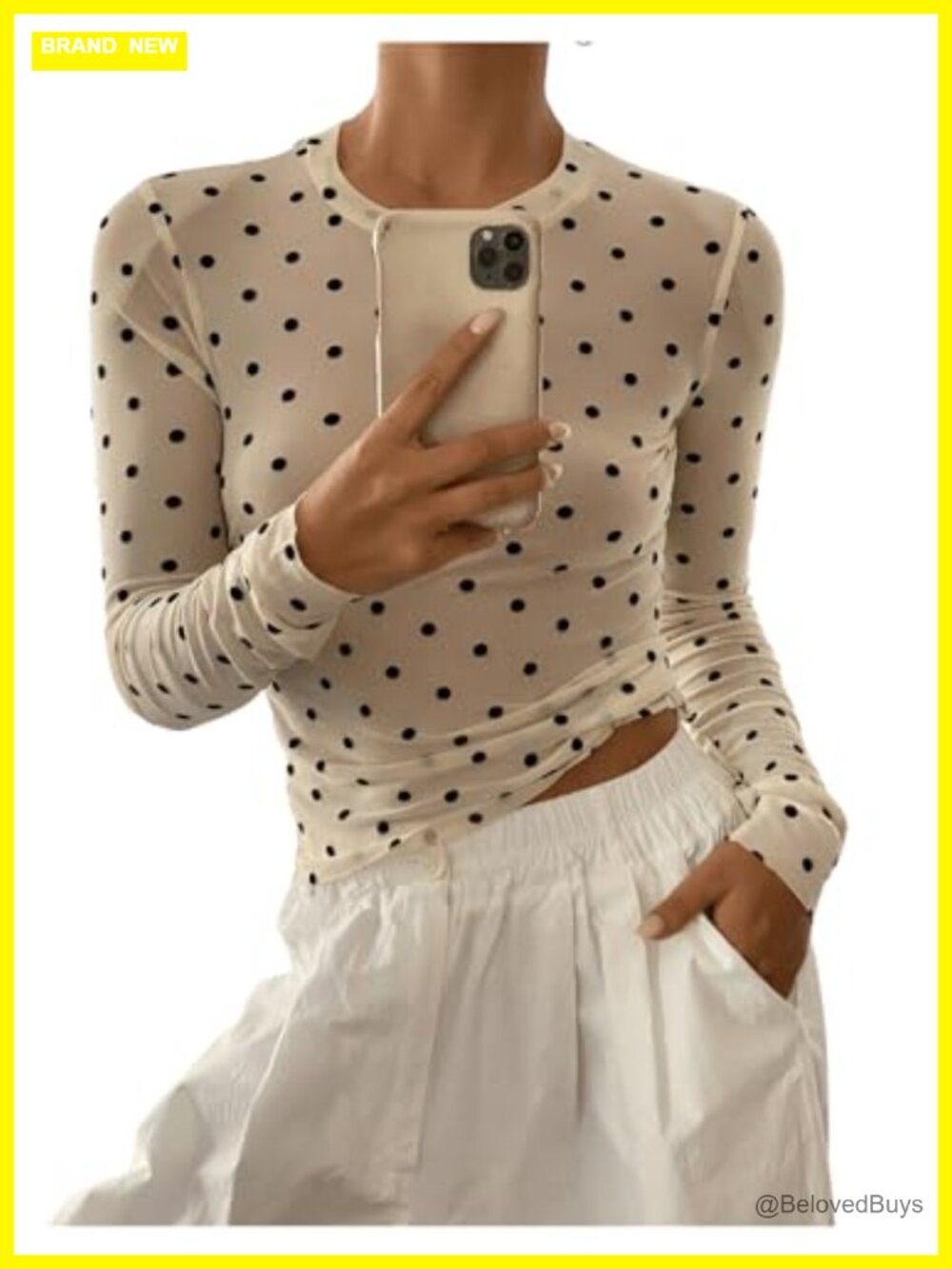 Women's Sheer Mesh Polka Dot Crop Top Long Sleeve Streetwear Tunic